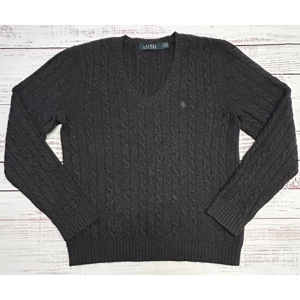 Lauren Ralph Lauren 100% Cashmere Sweater Womens Small Dark Gray Cable Knit